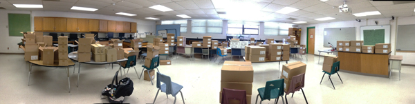 Boxes of books in classroom